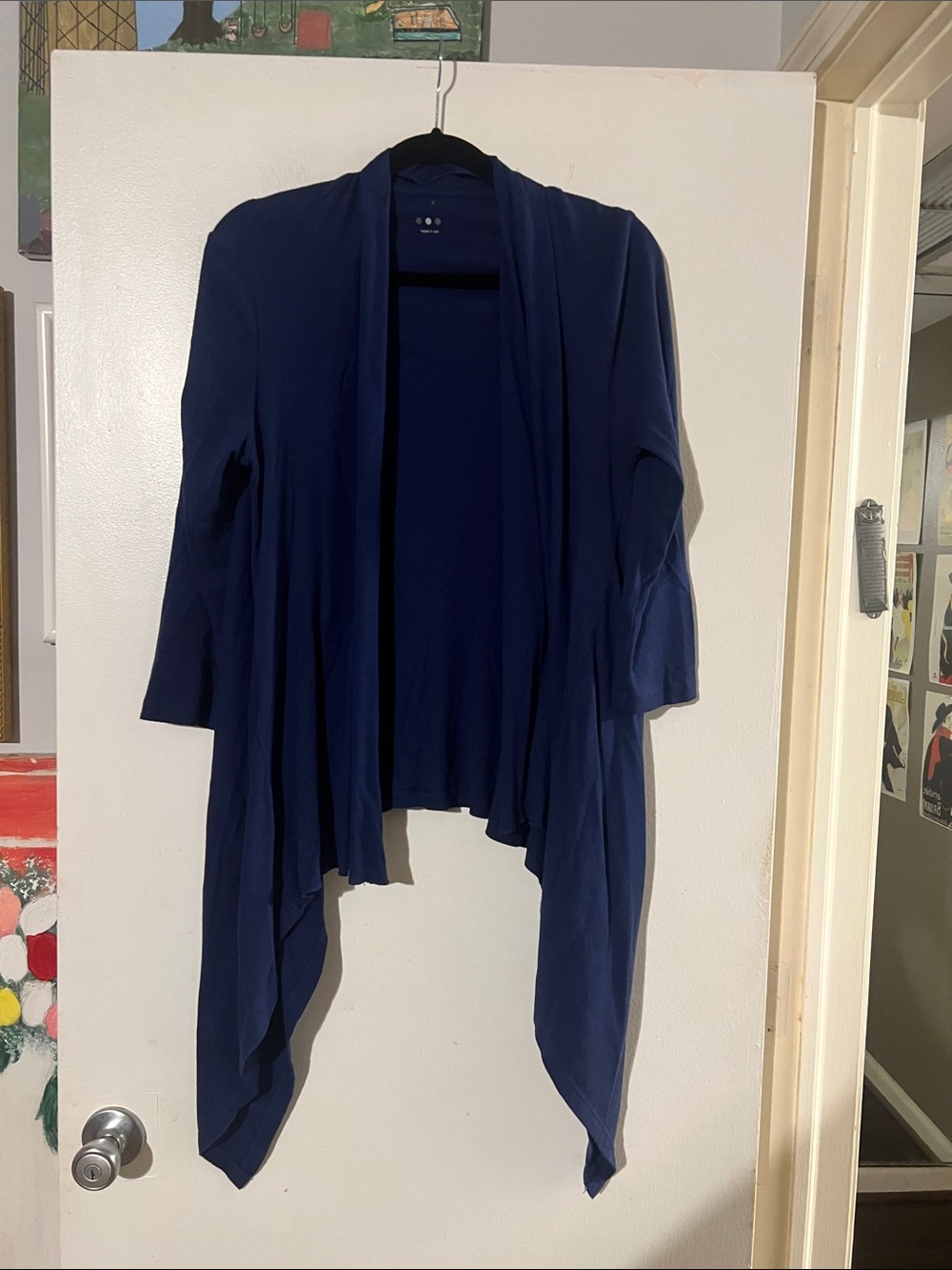 Three Dots blue open front cardigan. Leave open and glowy or tie front